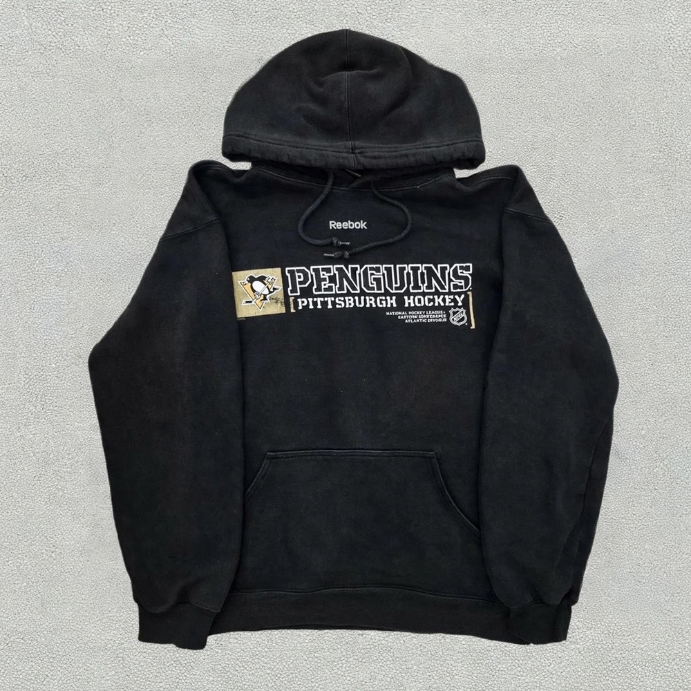 Reebok Pittsburgh Penguins NHL Hoodie Faded Black Mens Large Boxy Sweatshirt